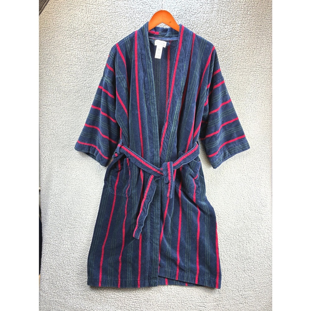 Christian Dior Vintage Striped Robe de Chambre Mens OS Navy Red Terry Lounge